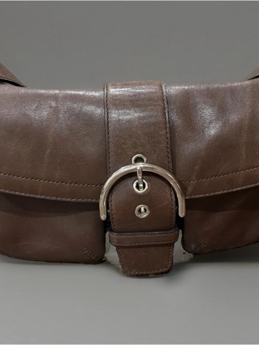 VTG Coach Brown Leather Shoulder Bag with Silver Buckle double front pockets